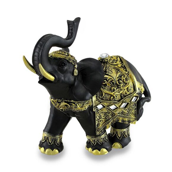 Exotic Black and Gold Finish Trunk Up Thai Elephant Statue - Picture 1 of 3